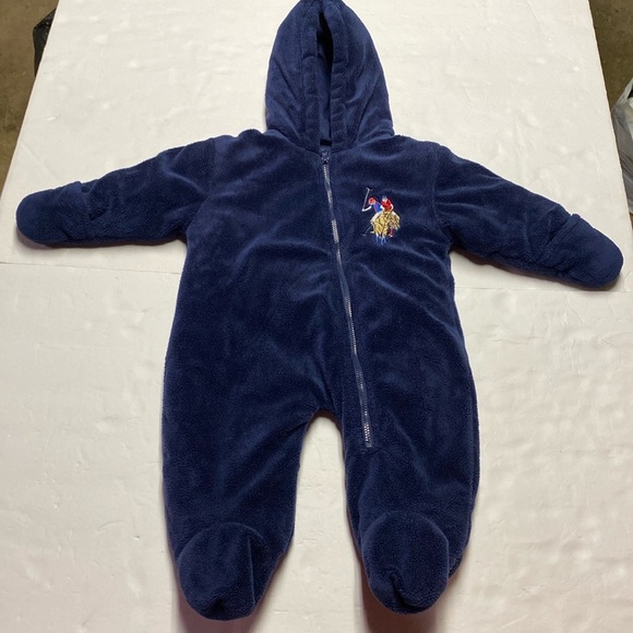 US. Polo Assn. Infant Snowsuit Blue 6-9M Baby Bunting Snowsuit Feet Zip Up Hood - Picture 1 of 9